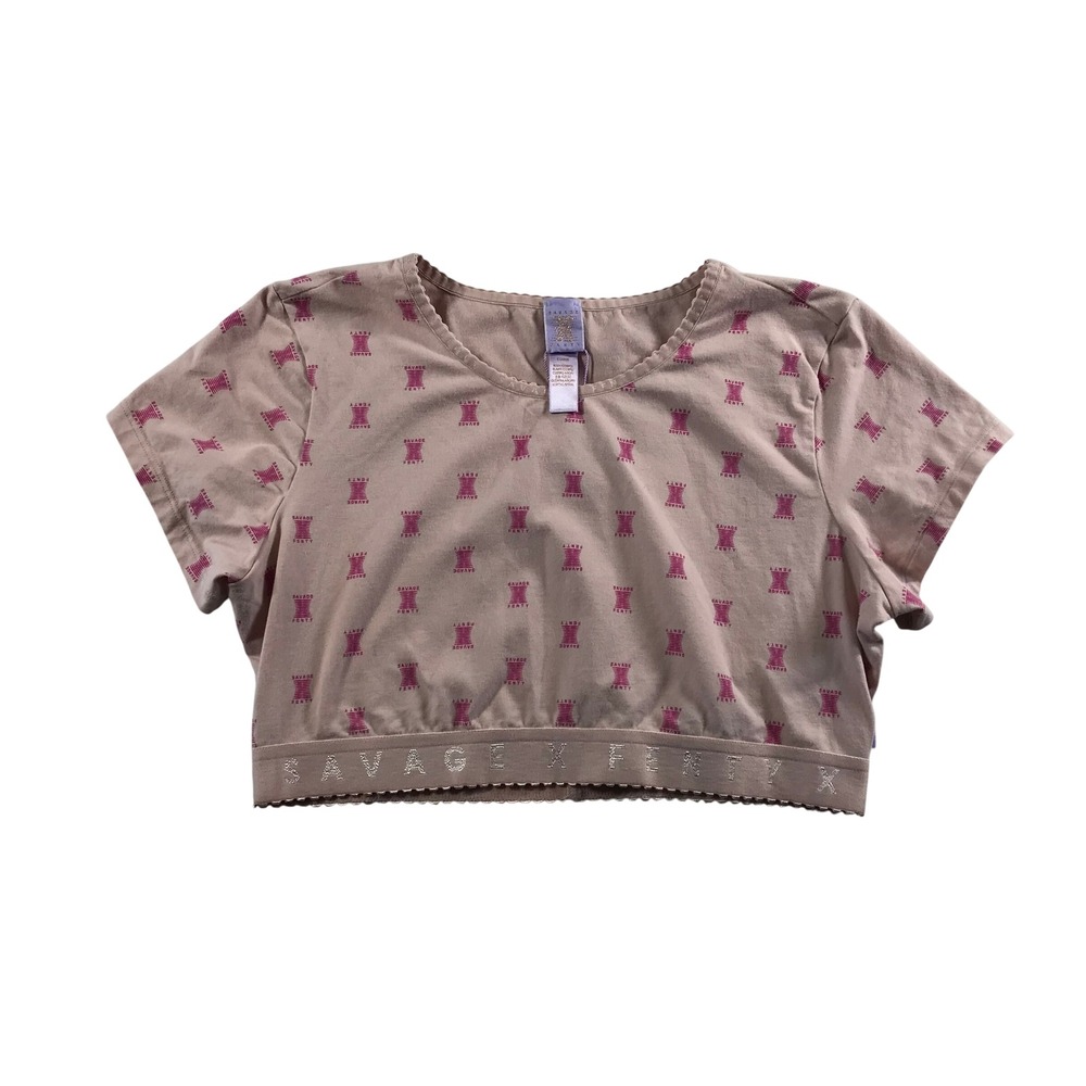 Savage X Fenty Pink Logo Print Short Sleeve Crop Top Glitter Band XL